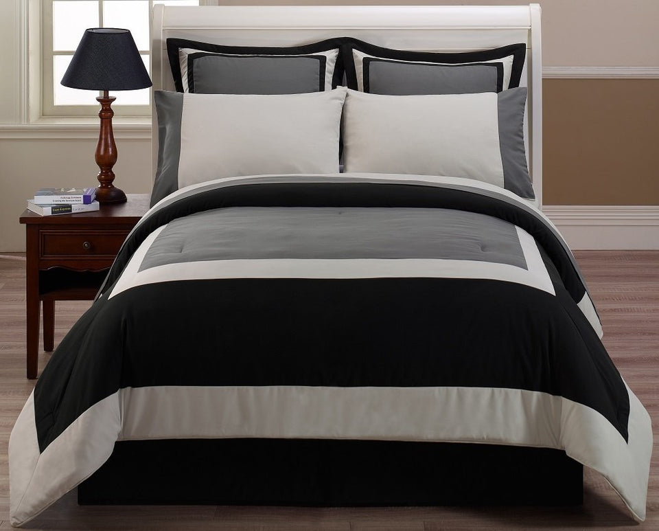 Chezmoi Collection 8 Piezas Hotel Cama en una Bolsa Comforter con Juego de sábanas, King, Negro Gris