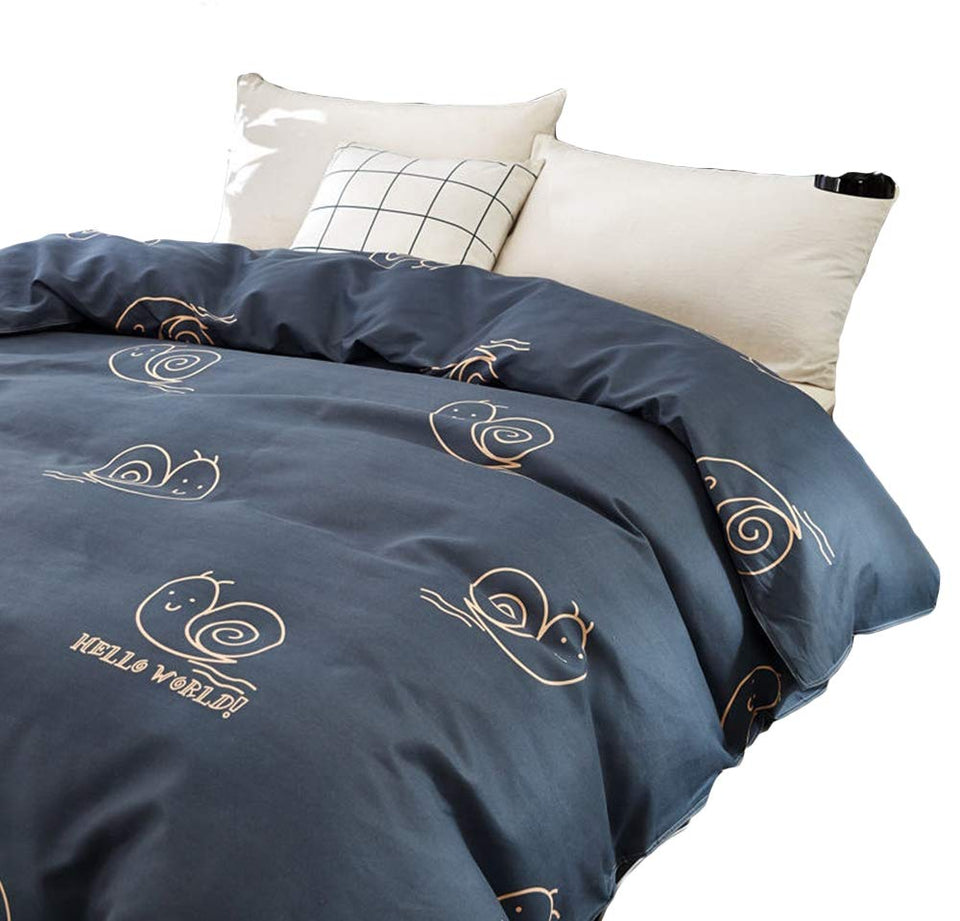 UOUL Sets de colchas Funda de edredón de algodón Cepillado Cremallera de una Pieza Sin decoloración Funda de niño Transpirable Juvenil Familia Joven Azul,Snails,Queen