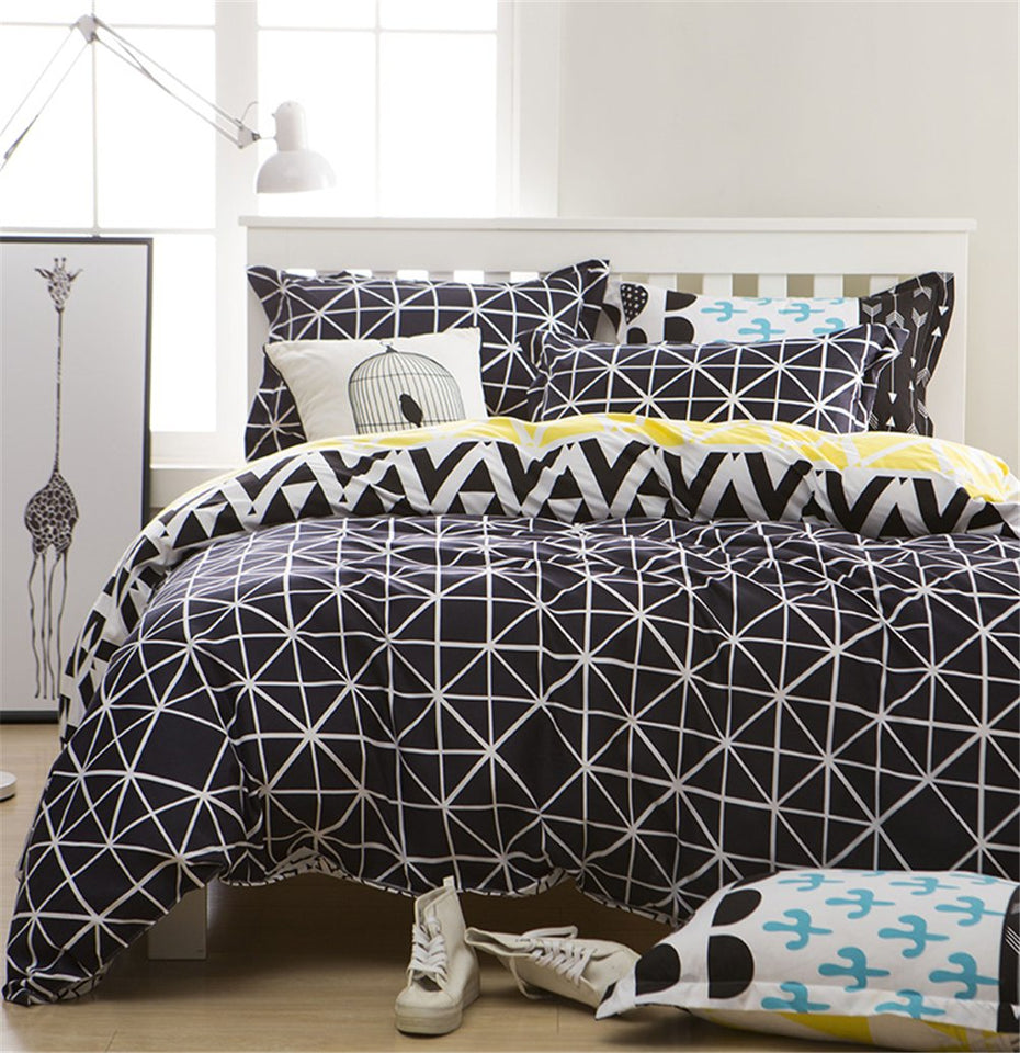 Funda Nórdica Juegos De Ropa De Cama 4 Piezas 100% Poliéster 1*Funda Edredón 1*Sábana Planas 2*Fundas De Almohada, Tamaño Gemela Completo Reina Rey Contemporánea Geométrico Raya Enrejado,A,220*240Cm