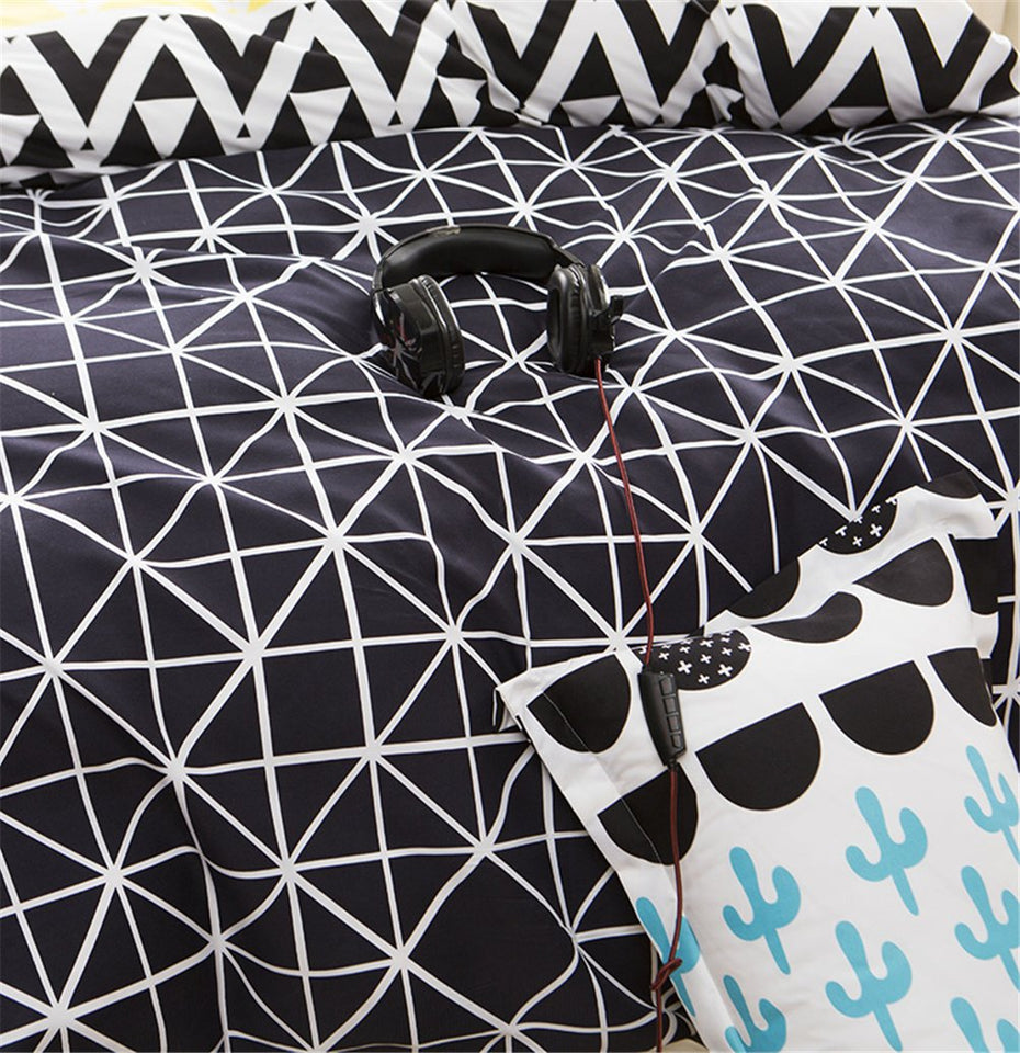 Funda Nórdica Juegos De Ropa De Cama 4 Piezas 100% Poliéster 1*Funda Edredón 1*Sábana Planas 2*Fundas De Almohada, Tamaño Gemela Completo Reina Rey Contemporánea Geométrico Raya Enrejado,A,220*240Cm