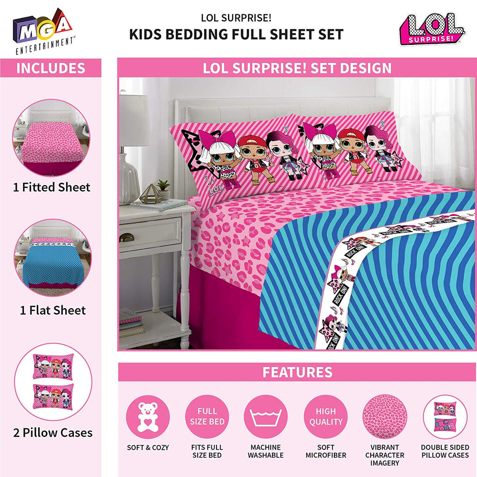 L.O.L. Surprise! Juego de sábanas de Microfibra Suave para niños, Blue Pink - Full Size 4 Piece Pack, Blue Pink - Full Size 4 Piece Pack, 1, 1
