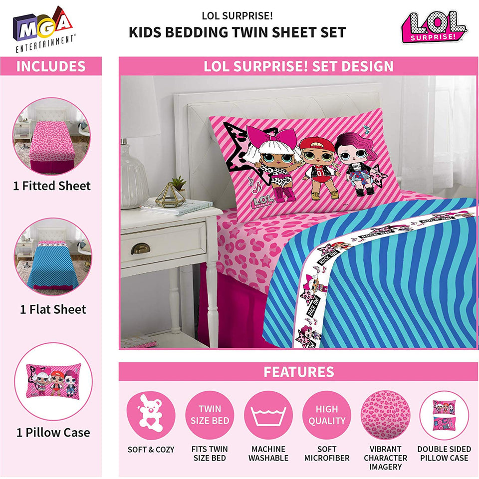 L.O.L. Surprise! Juego de sábanas de Microfibra Suave para niños, Pink Blue - Twin Size 3 Piece Pack, Pink Blue - Twin Size 3 Piece Pack, 1