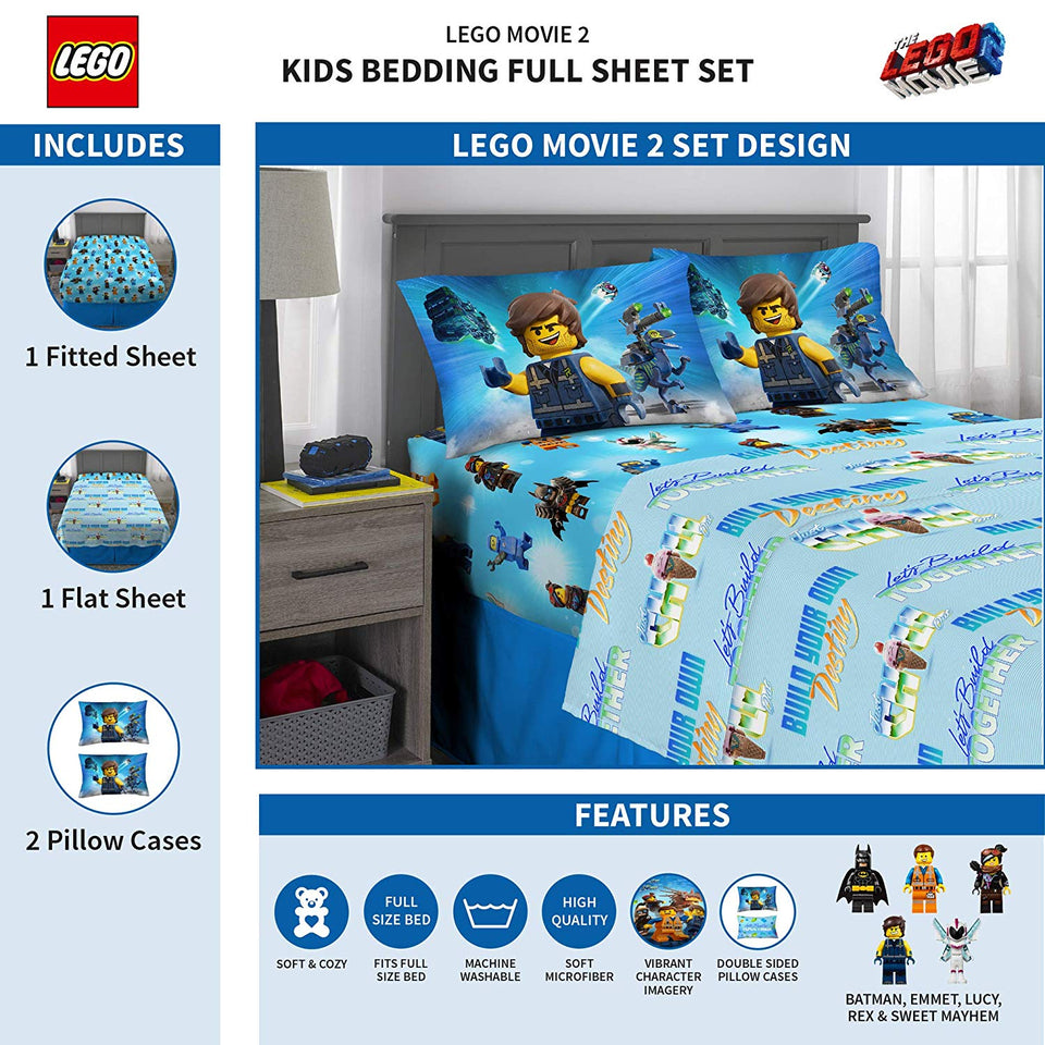 LEGO Movie Juego de sábanas de Microfibra Suave para niños, tamaño Completo, Paquete de 4 Piezas, tamaño Completo, Paquete de 4 Piezas