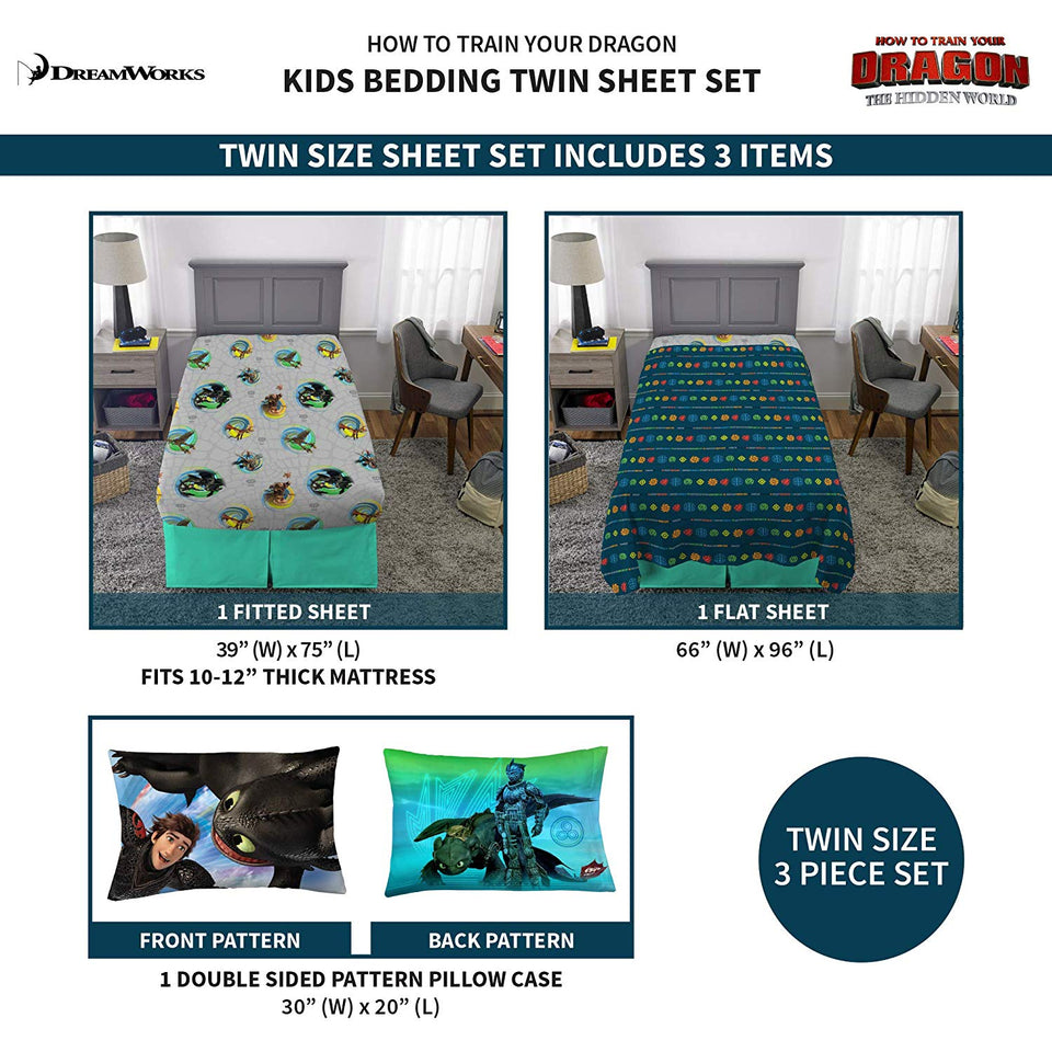 DreamWorks How to Train Your Dragon Cómo Entrenar a tu dragón Kids Ropa de Cama Suave Microfibra Juego de sábanas tamaño Individual 3 Piezas Pack Gris/Azul