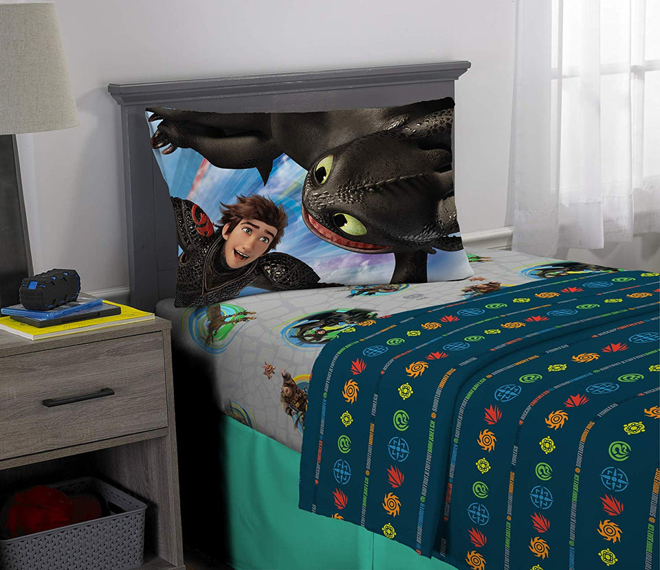 DreamWorks How to Train Your Dragon Cómo Entrenar a tu dragón Kids Ropa de Cama Suave Microfibra Juego de sábanas tamaño Individual 3 Piezas Pack Gris/Azul