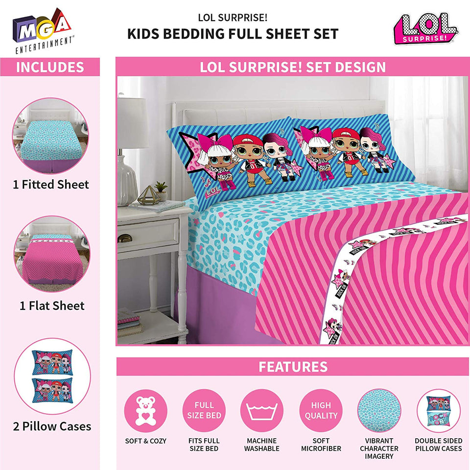 L.O.L. Surprise! Juego de sábanas de Microfibra Suave para niños, Blue Pink - Full Size 4 Piece Pack, Blue Pink - Full Size 4 Piece Pack, 1, 1