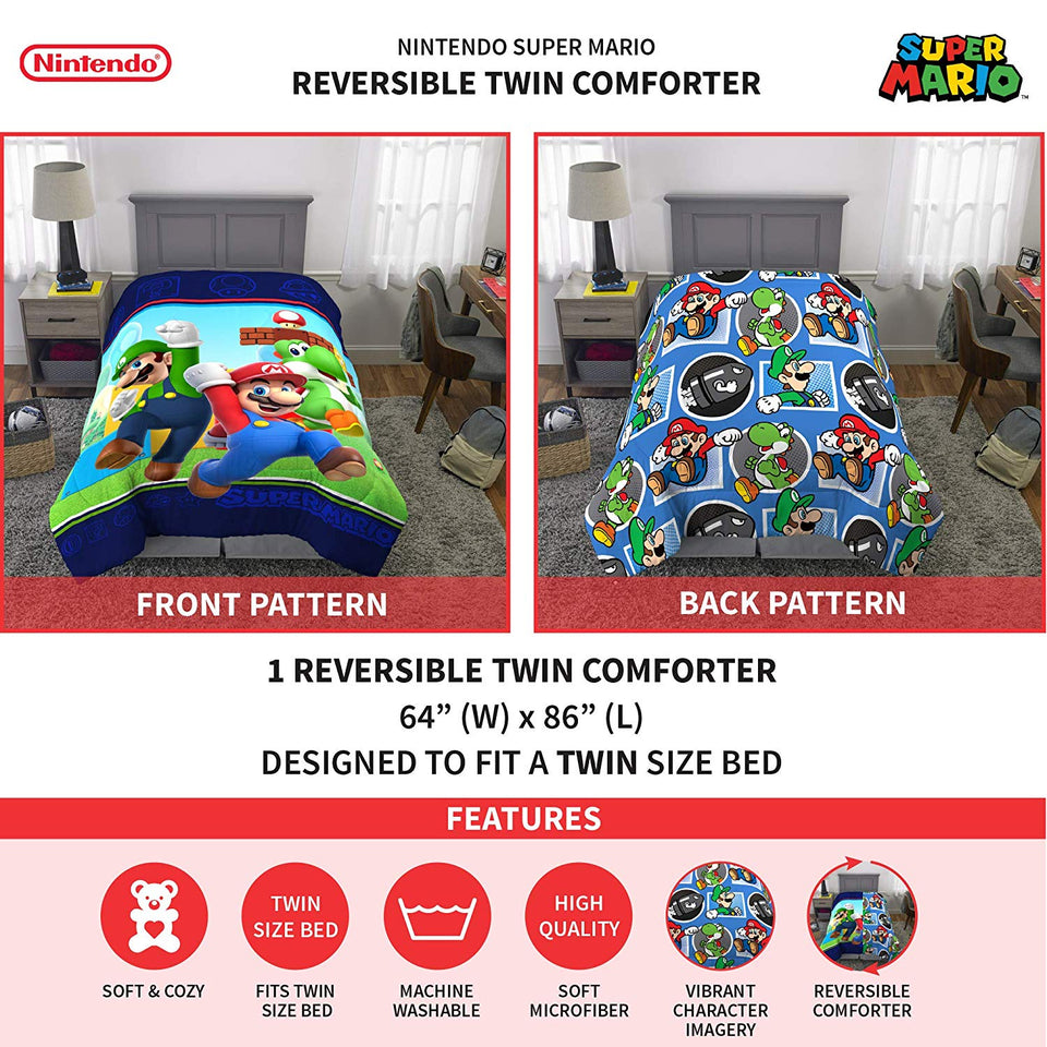 Nintendo Super Mario Kids Bedding - Edredón Reversible de Microfibra Suave, tamaño Individual de 64 x 86 Pulgadas, Multicolor