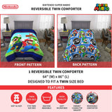 Nintendo Super Mario Kids Bedding - Edredón Reversible de Microfibra Suave, tamaño Individual de 64 x 86 Pulgadas, Multicolor