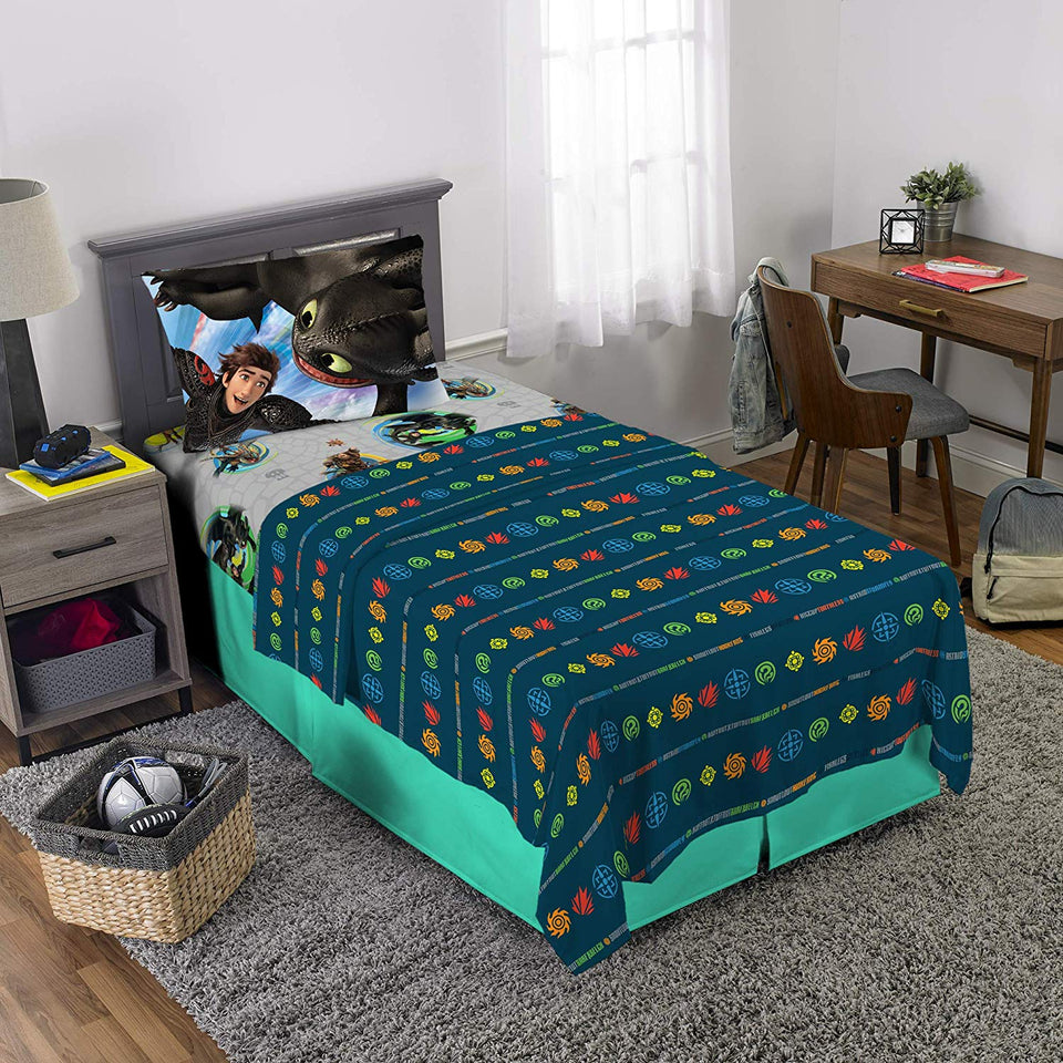 DreamWorks How to Train Your Dragon Cómo Entrenar a tu dragón Kids Ropa de Cama Suave Microfibra Juego de sábanas tamaño Individual 3 Piezas Pack Gris/Azul