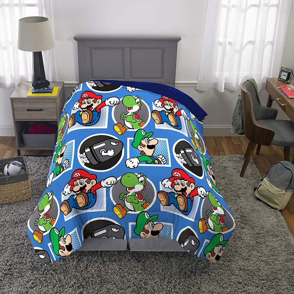 Nintendo Super Mario Kids Bedding - Edredón Reversible de Microfibra Suave, tamaño Individual de 64 x 86 Pulgadas, Multicolor