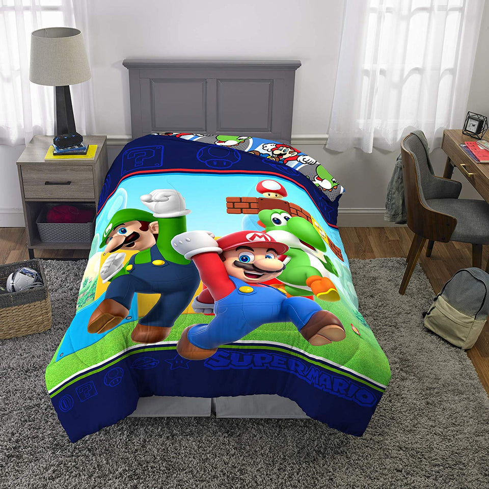 Nintendo Super Mario Kids Bedding - Edredón Reversible de Microfibra Suave, tamaño Individual de 64 x 86 Pulgadas, Multicolor