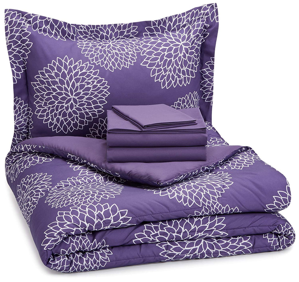 Amazon Basics Set de sábanas de 5 Piezas, Individual Extra Grande, púrpura Floral