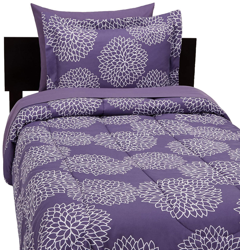 Amazon Basics Set de sábanas de 5 Piezas, Individual Extra Grande, púrpura Floral